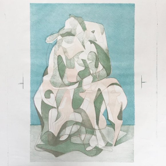 Blue Green Peach Figural Abstract Expressionist Silkscreen Print Art - Picture 2 of 4